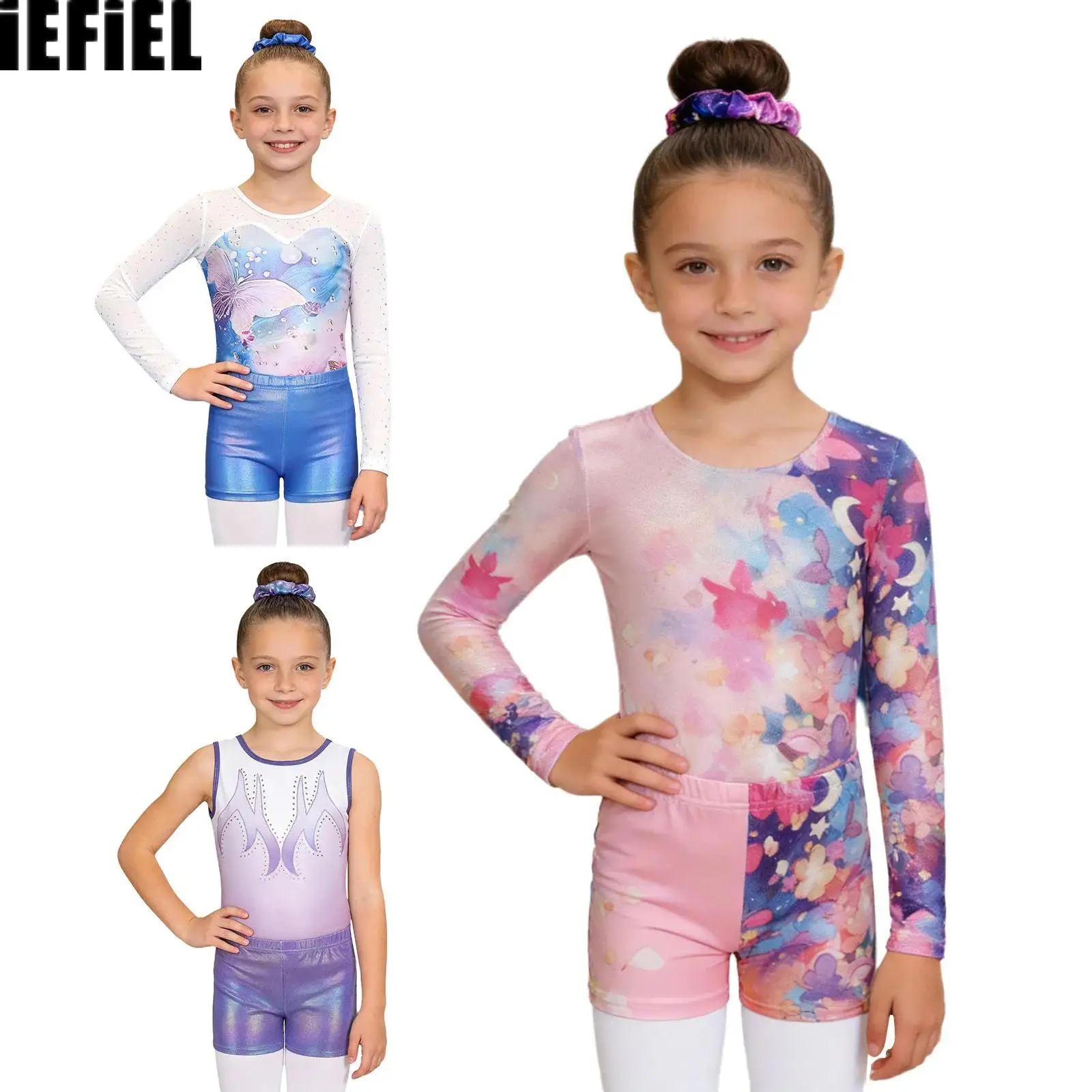 

Kids Girls Printed Gymnastics Outfit Long Sleeve Stylish Printed Leotard with Elastic Waistband Metallic Shorts And Hair Band