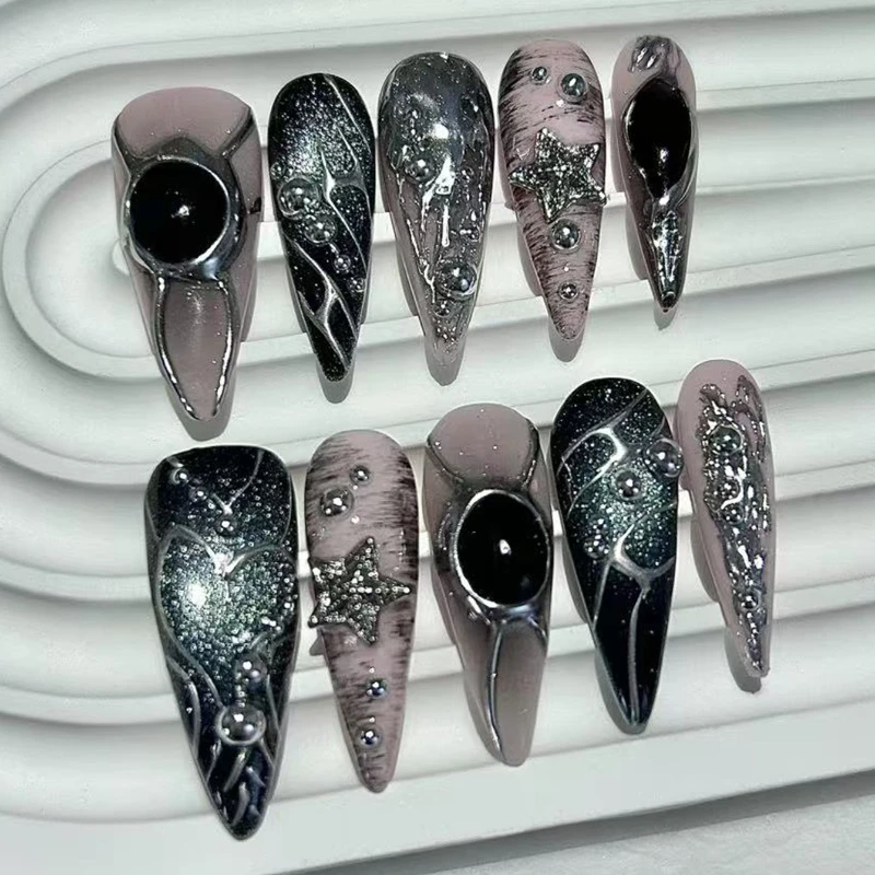 10 قطع Y2K معدنية الشرير نمط اليدوية الصحافة على الأظافر أسود وردي المعادن الثقيلة التوابل الفتيات الأظافر وهمية للإزالة قابلة لإعادة الاستخدام