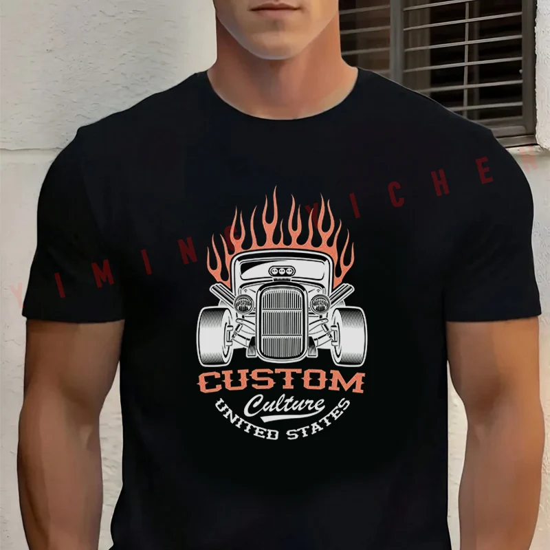 

Men's Summer Cotton T-shirt A Hot Rod Graphic Motorcycle Tee Casual Short-sleeve Motorbike Cycling Top