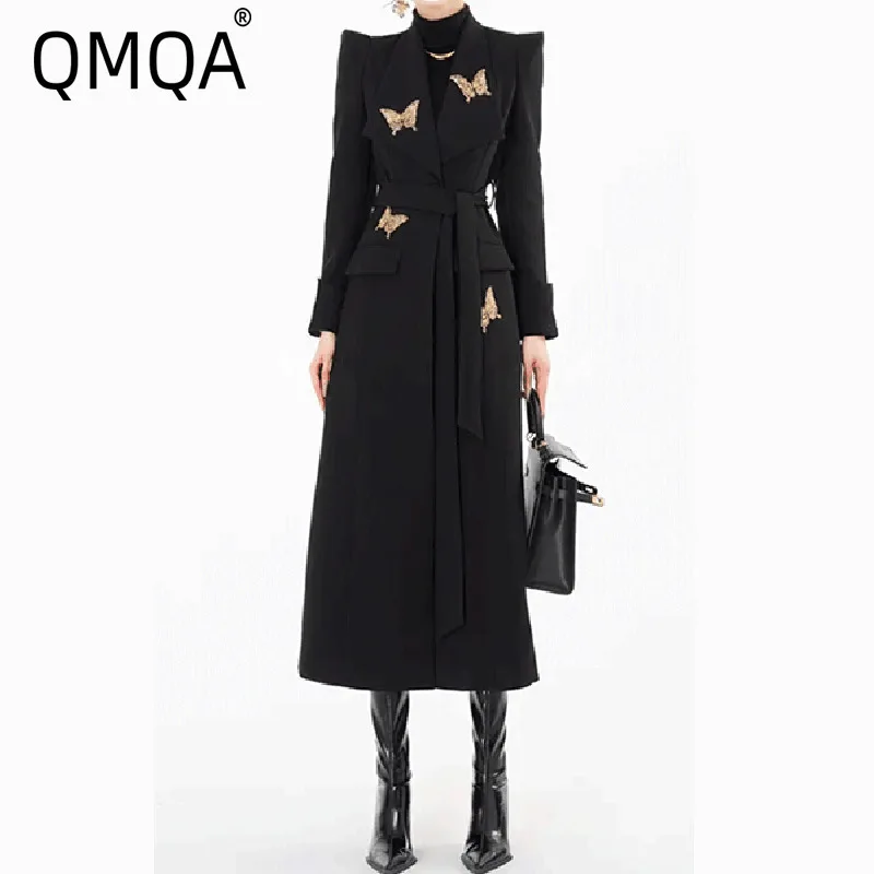 

QMQA модный женский однотонный лоскутный плащ с бабочками и блестками, ветровка с лацканами и длинными рукавами на шнуровке на талии, одежда QM103