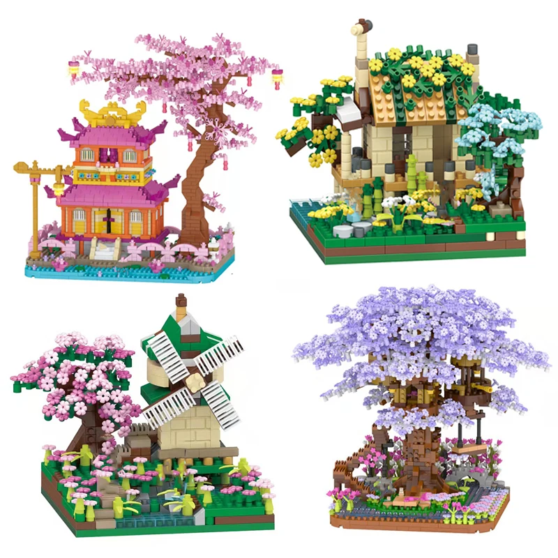 

Mini Building Block Cherry Blossom Tree House 3D Model Home Ornament City Street View Assembled Brick Kids Educational Toy Gift