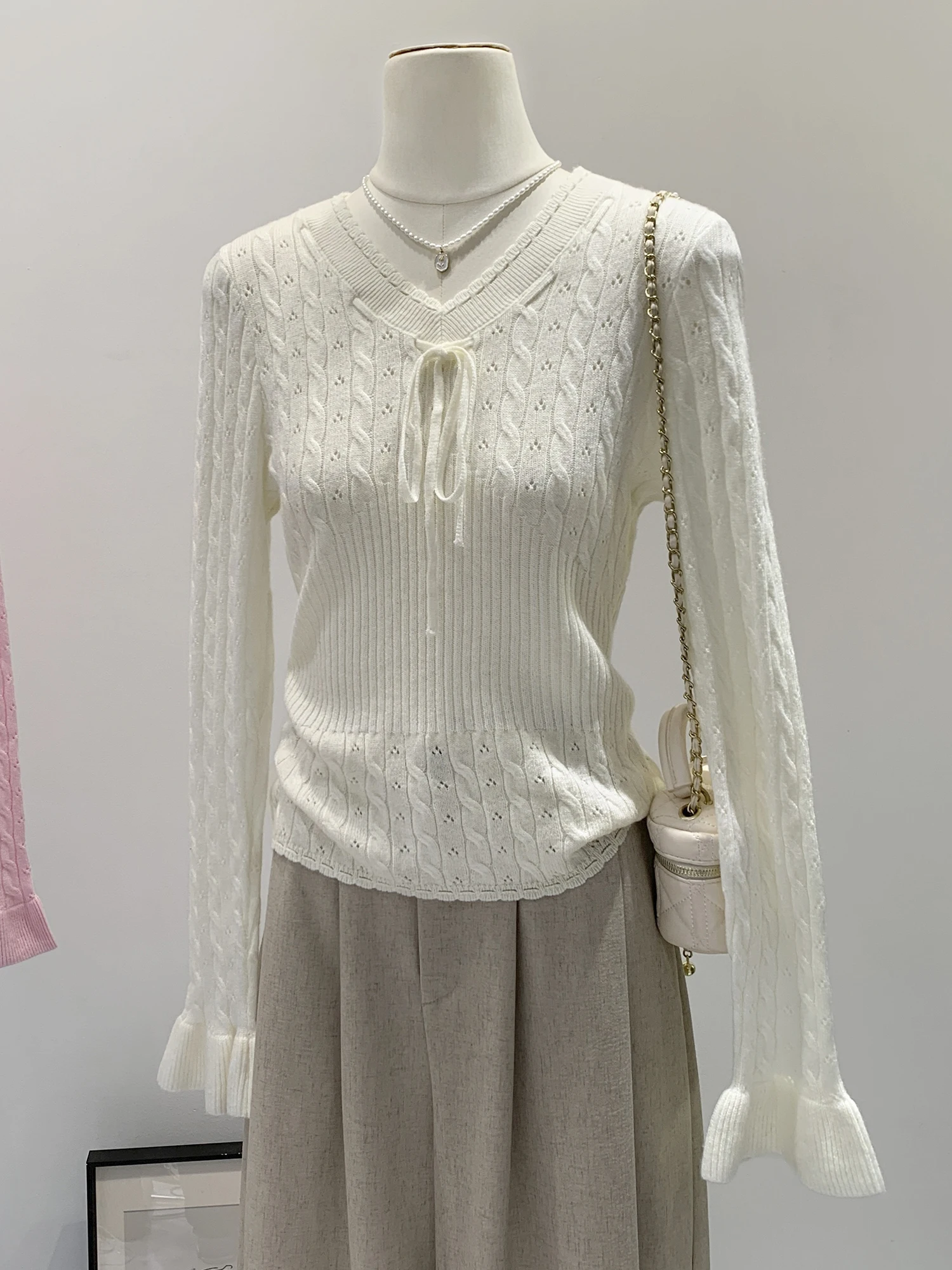 Early Spring Pink Hollow out Knitted Wool Base Layer Top Women's Single Wear Bell Sleeve Sweater Design Sense Beautiful view 2