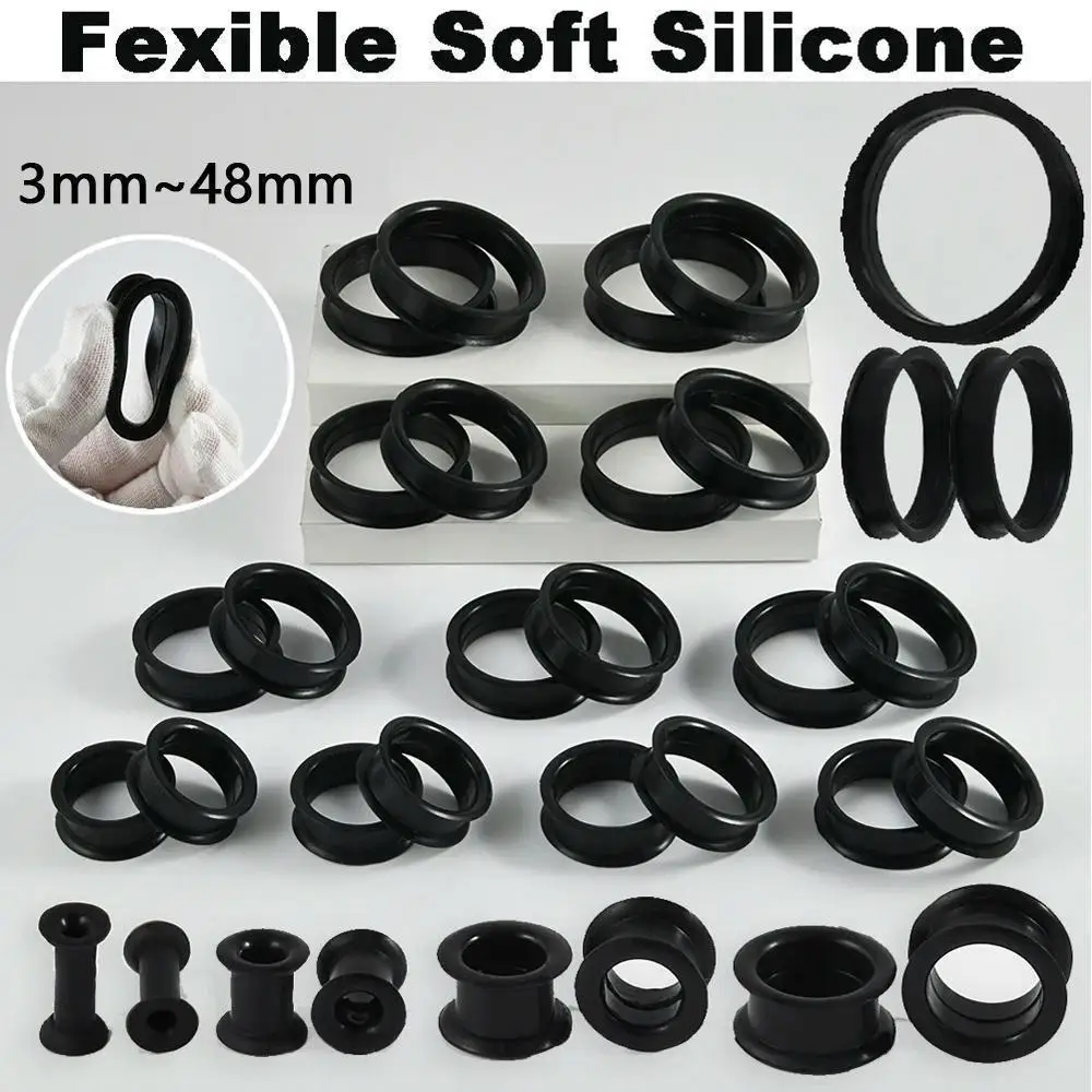 2Pcs Black Silicone Flexible Ear Plugs Tunnels Large Size Double Unisex Flared Expander Hollow Ear Lobe Expander Piercing
