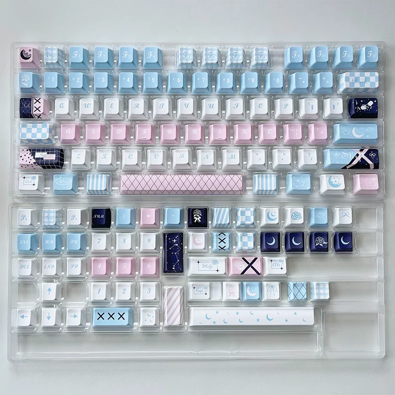 

New moon rose blue and pink theme keycaps, original factory height, PBT material, custom mechanical keyboard keycaps.