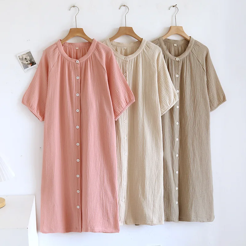 

Summer Mid-long Style Women's Short Sleeved Pajamas Nightgowns Thincotton Cardigan and Round Neck Simple Solid Color Sleep Dress