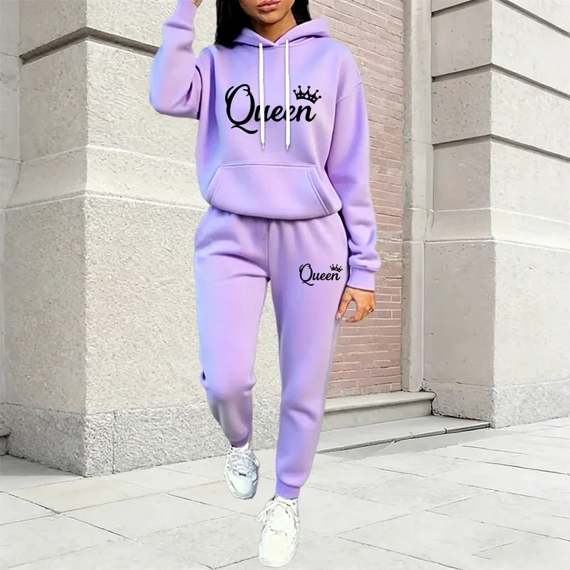 Autumn Winter Women's Outfits Queen Printing Casual Hooded Sweatshirts 2 Pcs Suit Outdoors Fashion Clothing Quality Pants Sets