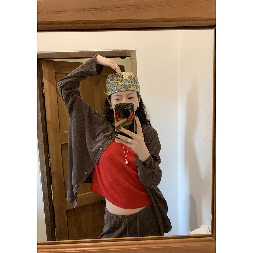 

HelloooEat Silk Blend Vintage Collar Open Cardigan Early Spring Casual Versatile Cool Feeling Sun Protection Knitted Sweater