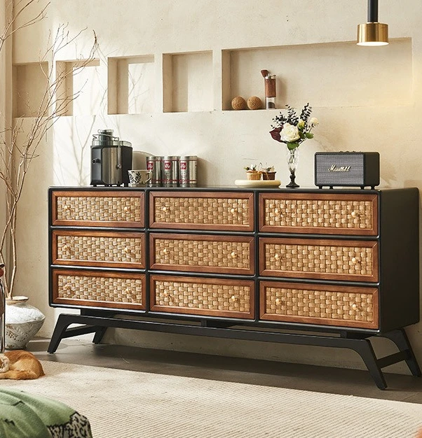 Wabi-sabi, Japanese retro, solid wood rattan, nine chest cabinets, storage lockers