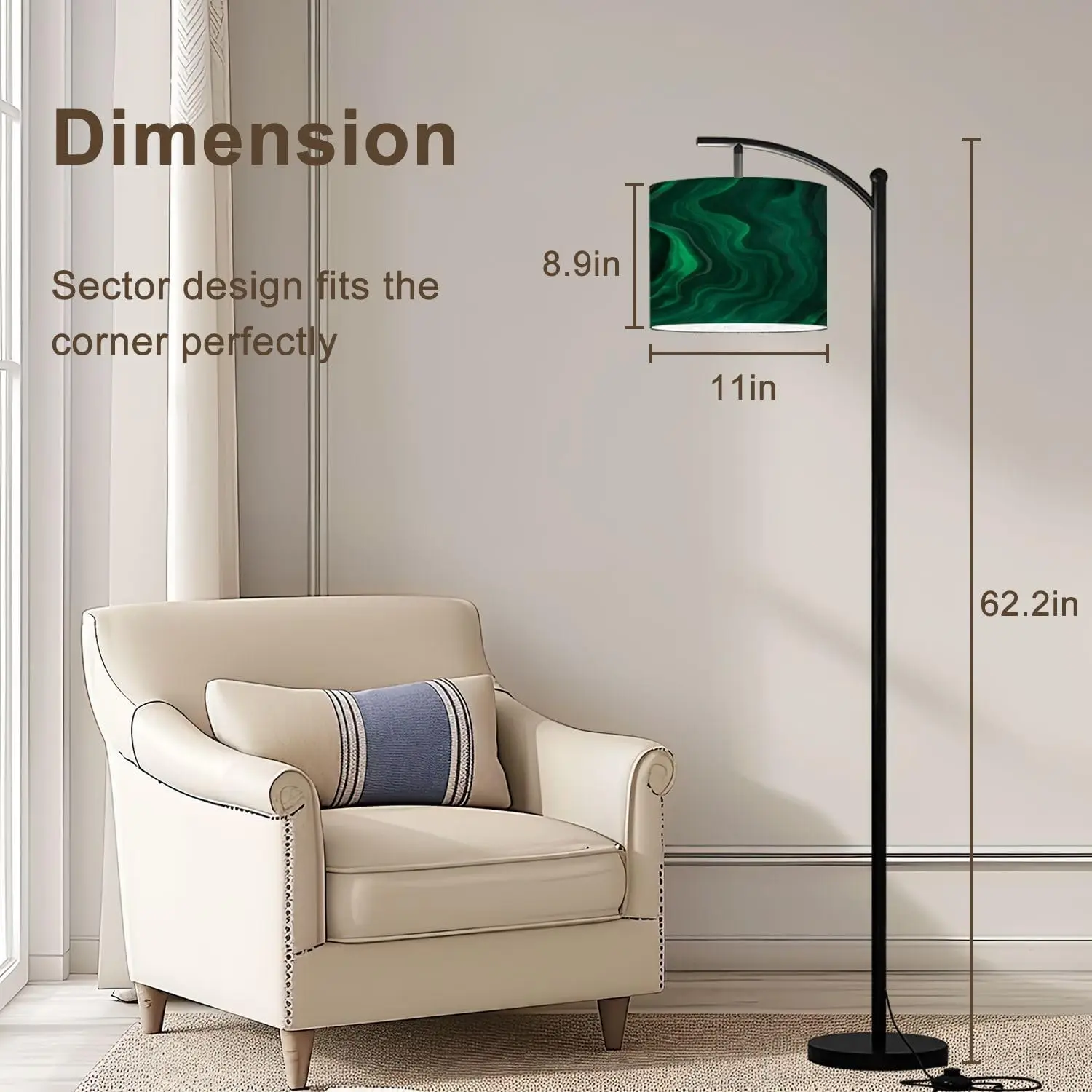 Modern high curved floor lamp with green marble base and pink lampshade.