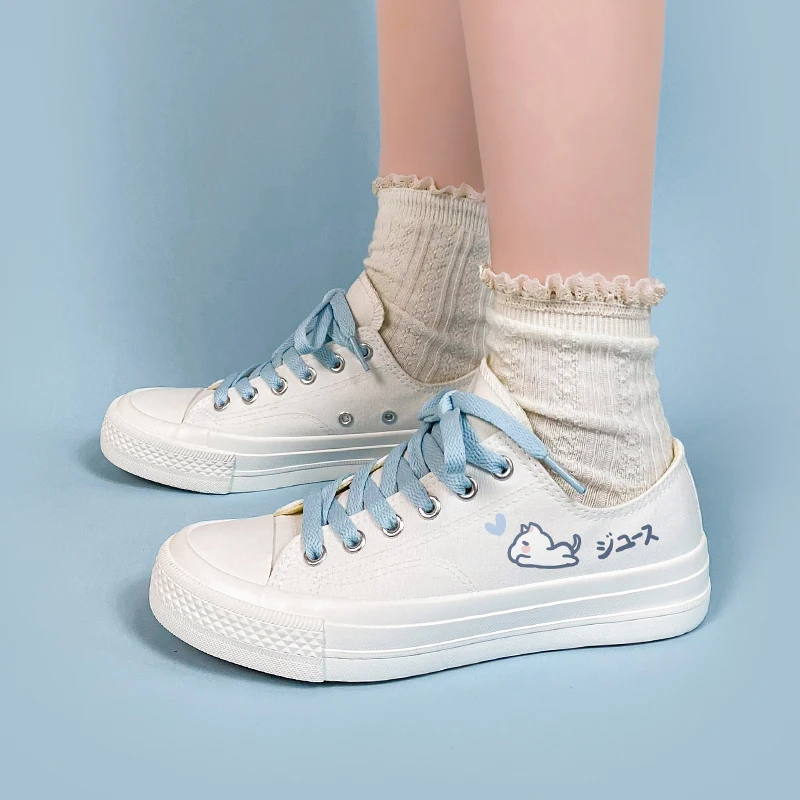 Amy and Michael 2022 New Lovely Anime Canvas Shoes Lower Flat Casual White Sneakers Girls Students Lace Up Woman Vulcanize Shoes