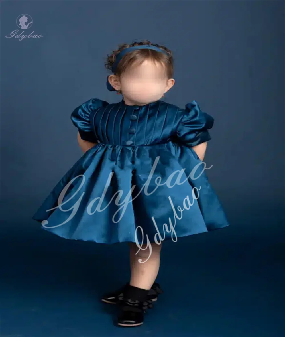 Customize Cute Satin Blue Flower Girl Dress Knee Length Birthday Bridesmaids First Communion Prom Teen Evening Dress