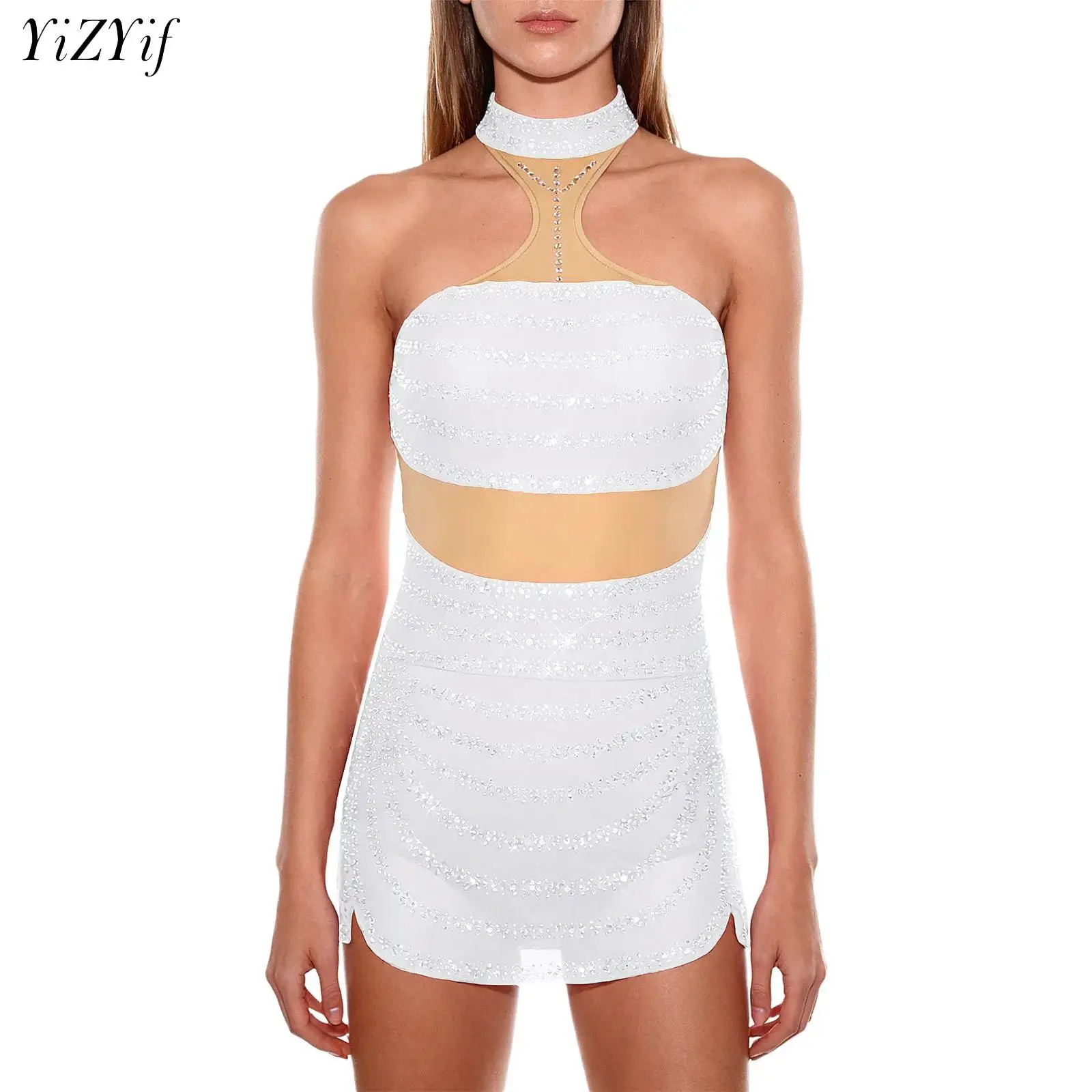 女性フィギュアアイススケートダンスドレスラインストーンホルターネックノースリーブレオタードモダンラテンチャチャルンバダンスパフォーマンス衣装