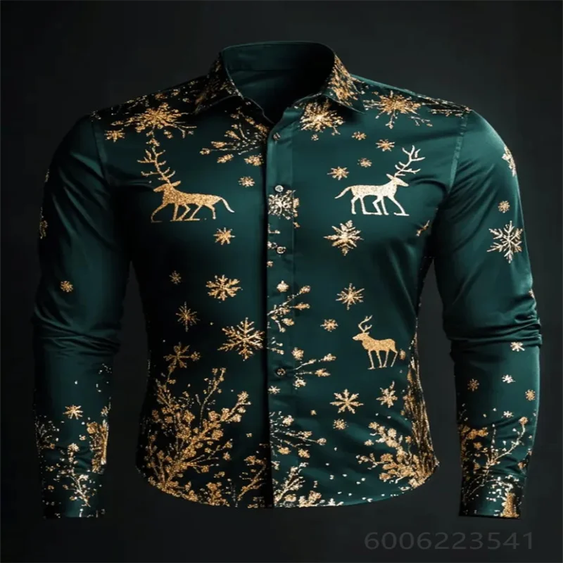 Men Navy Satin Christmas Shirt Silver Reindeer Star Print Glossy Long Sleeve Party Button Down Shirts
