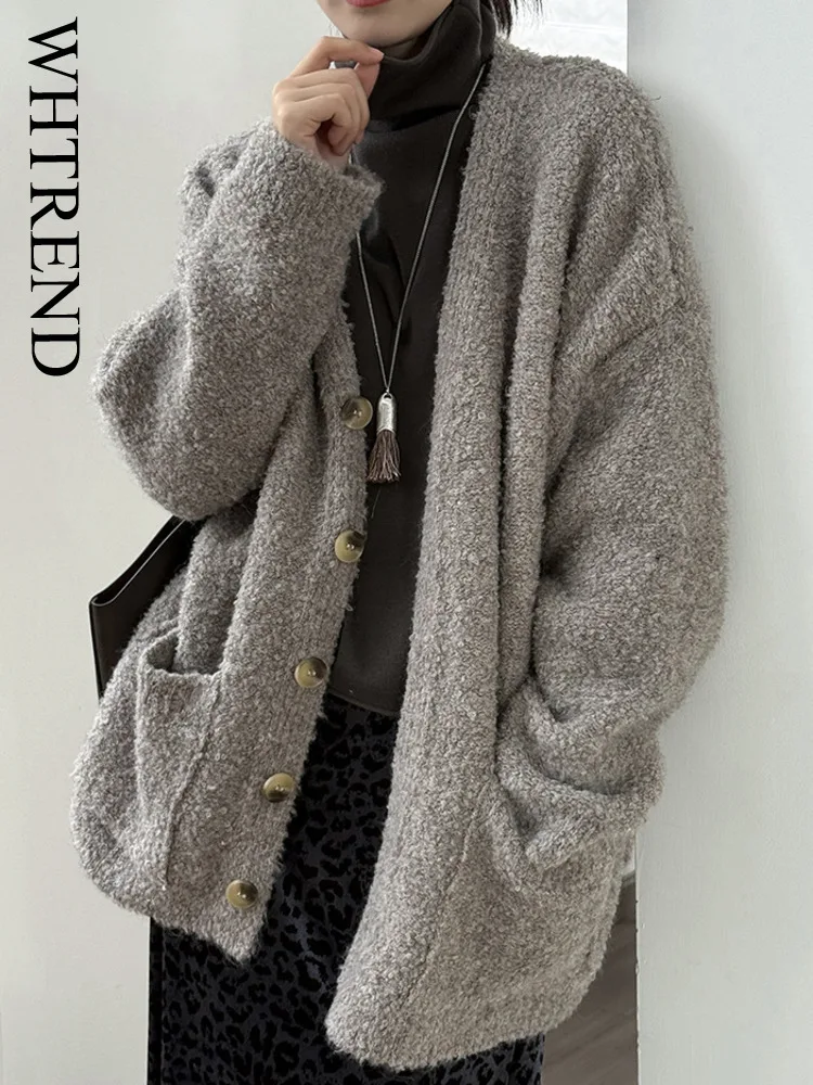 

WHTREND повседневный шерстяной свитер с v-образным вырезом, пальто для женщин, осень-зима, свободный универсальный вязаный кардиган с длинными рукавами, топ WH1868