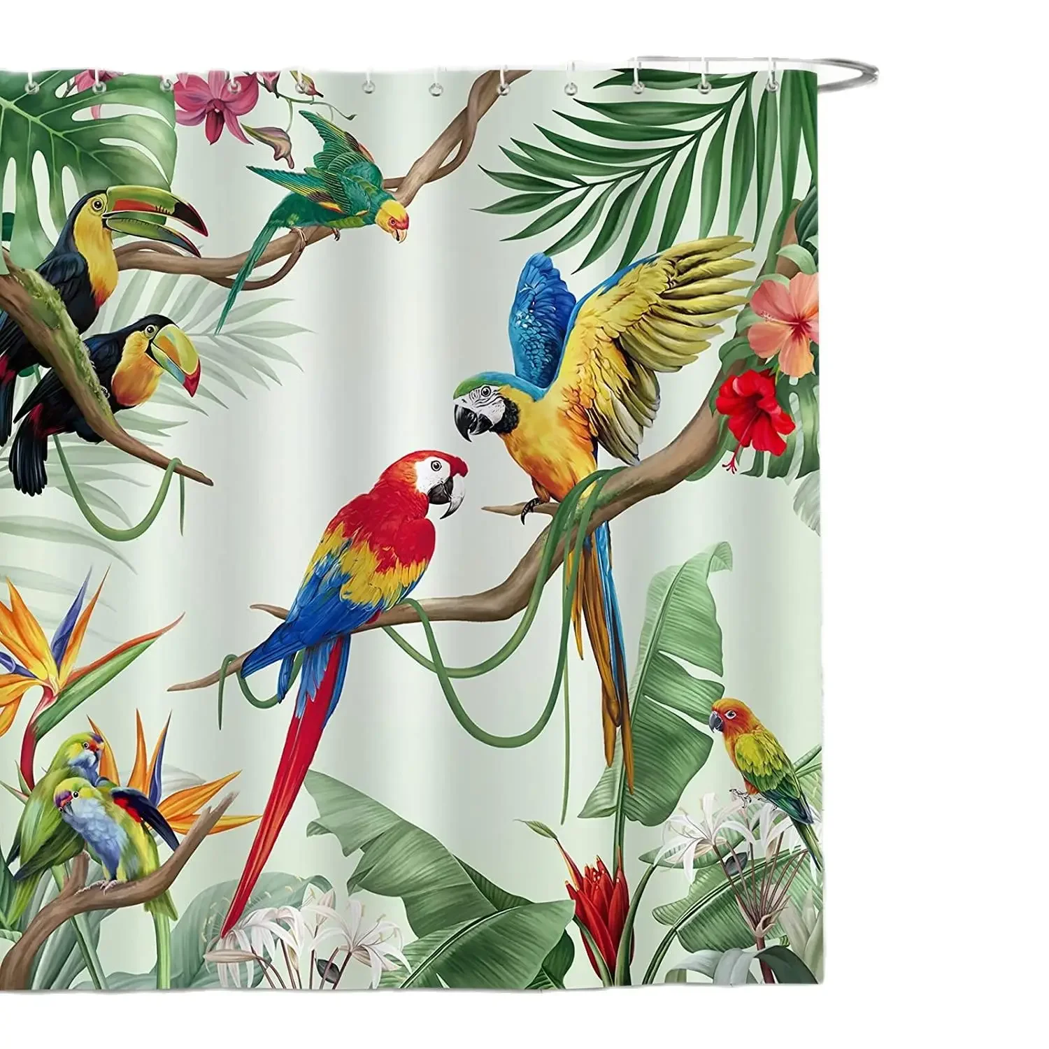 Tropical Birds Shower Curtain for Bathroom Parrot Toucan Green Leaves Plants Summer Polyester Fabric Bath Curtains Decor Hooks