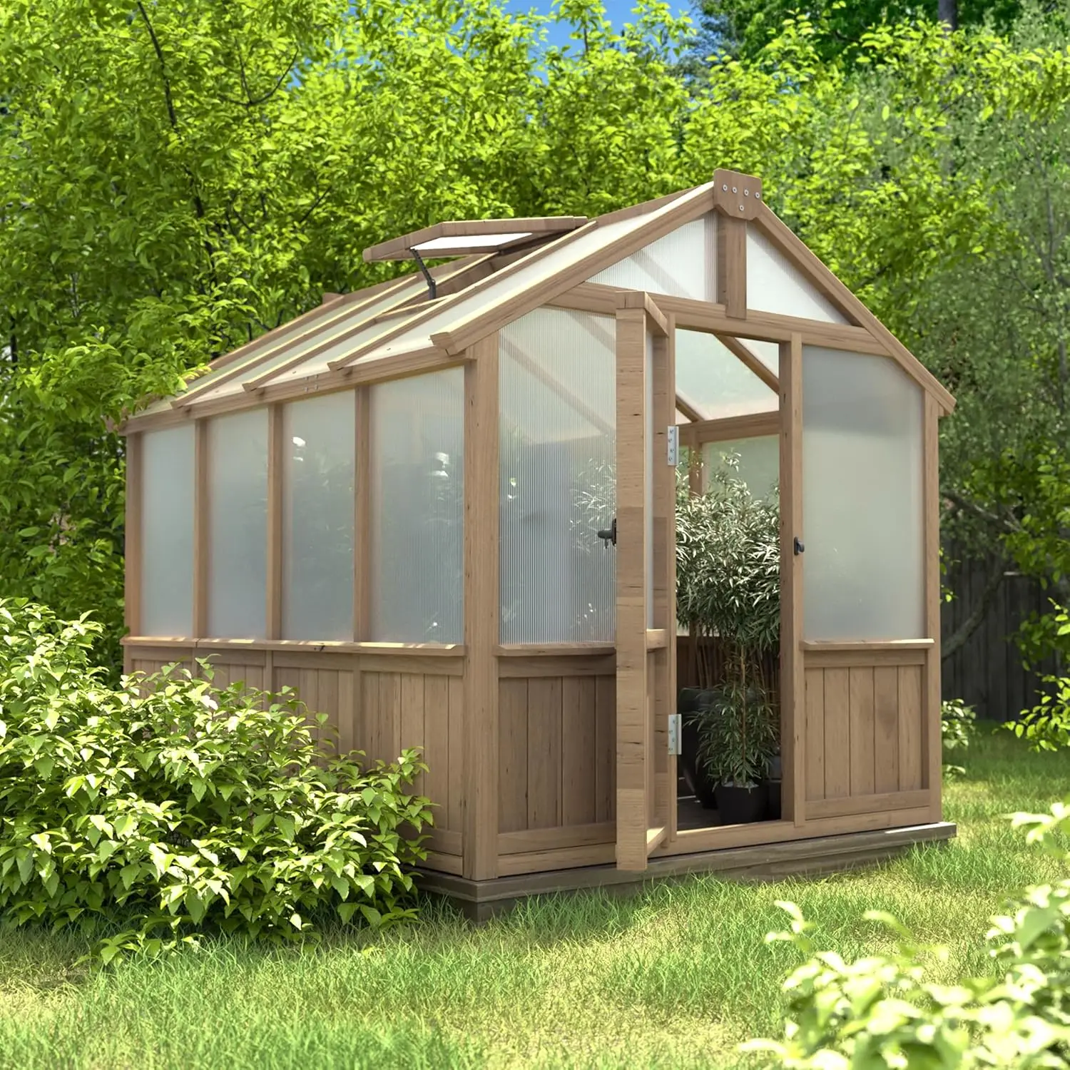 6x8FT Greenhouse, greenhouses for Outdoors with Cedar Frame, 4-Layer Polycarbonate Panel, Green House with Adjustable