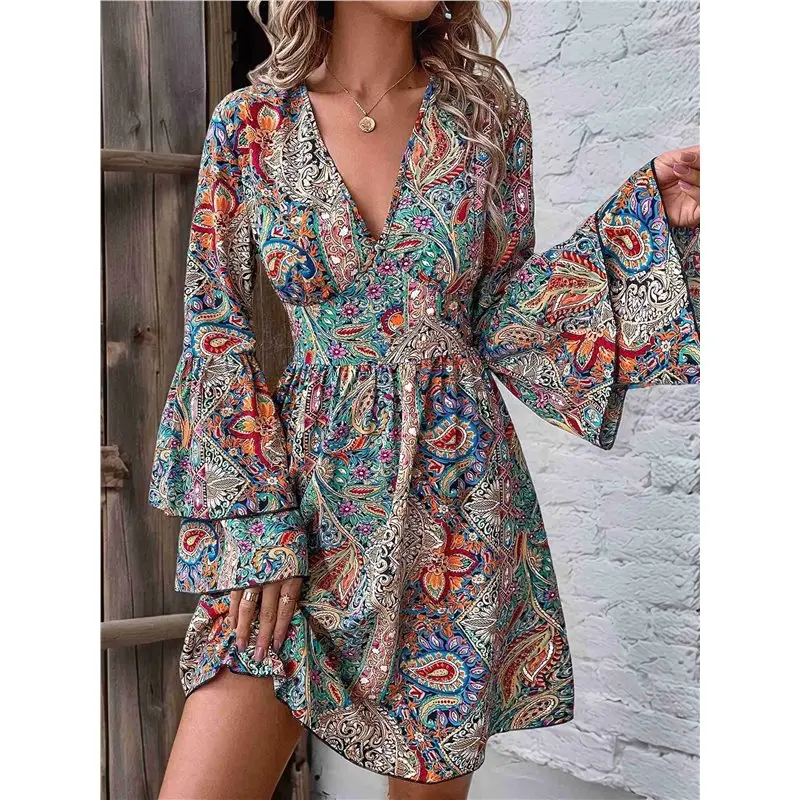 ABRT-Women Print Wrap Boho V Neck Short Flared Sleeve Elastic Waist Drawstring Flowy Mini Dress