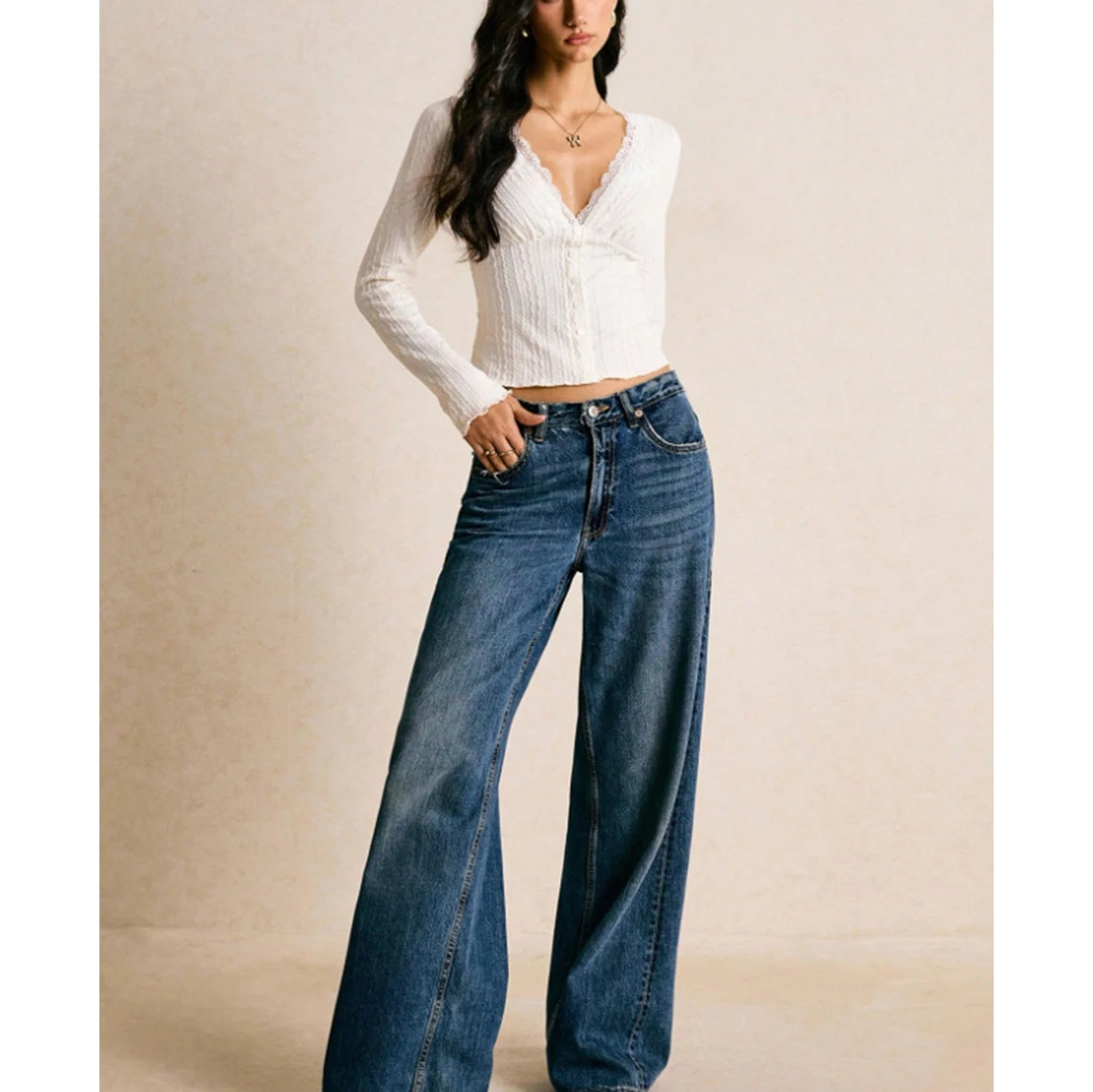 Solid Polyester Knit For Top for Women with for v Neck Cropped Length Lace Trim and Medium Stretch for Active Daily Wear