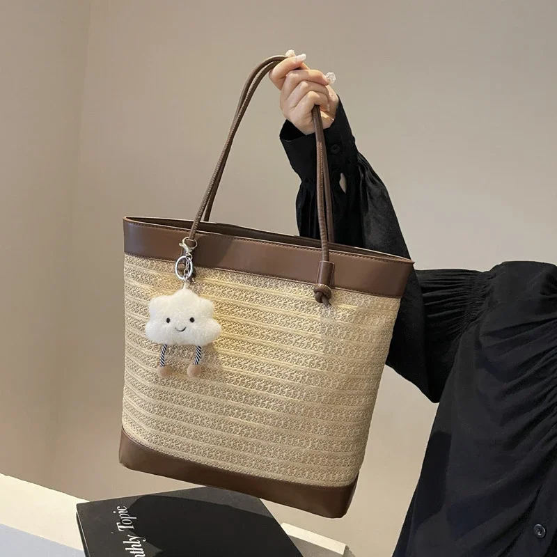 

Rattan Straw Tote Bags Women's French Vintage Beach Hollow Out Basket Woven Handbag Summer Vacation Patchwork Shoulder Bag