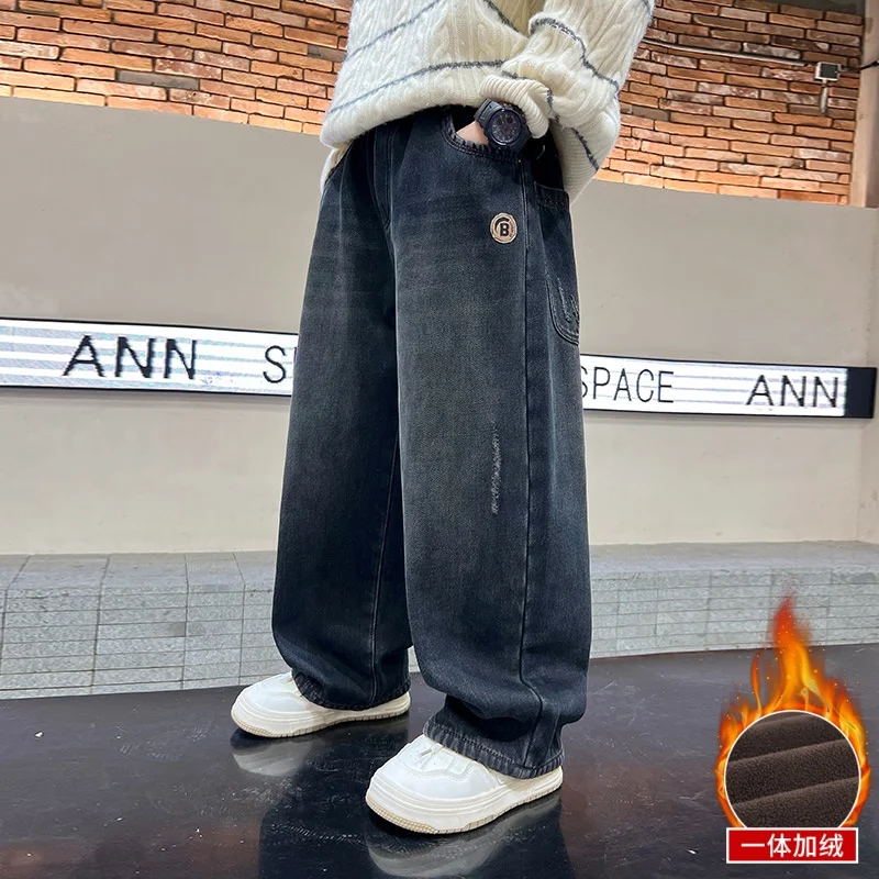 

Boy's jeans with thickening for autumn and winter 2025 new high quality straight leg pants.4-16year