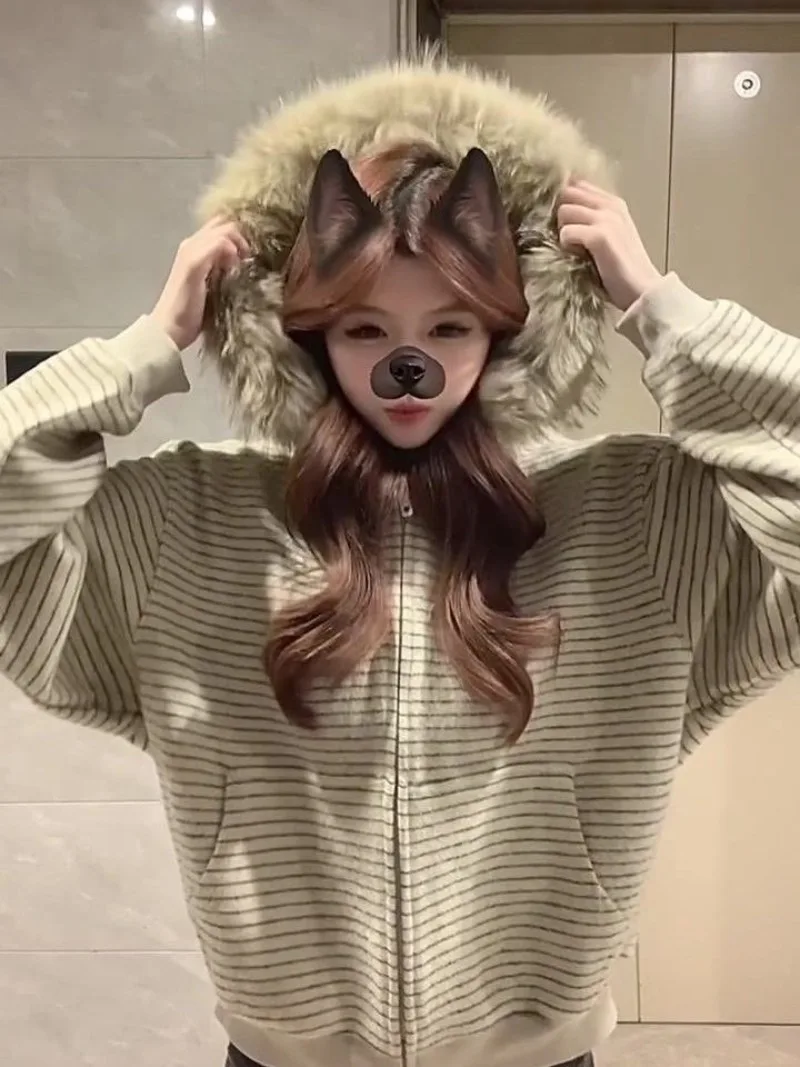 Color Blocking Striped Hooded Sweater Faux Fur Collar Jacket Women Autumn Winter Chic Design Casual Loose Zipper Cardigan Tops