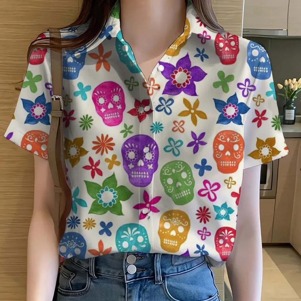

Cartoon Sugar Skull Mexican Day of the Dead Women Shirts 3D Printed Tops Summer Short Sleeve Button Shirt Halloween Party Blouse