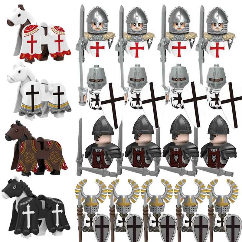 Kid Toy Medieval Crusader Knights Warhorses Suits Ancient  Military Figures Weapon Model Building Blocks Childrens Birthday Gift