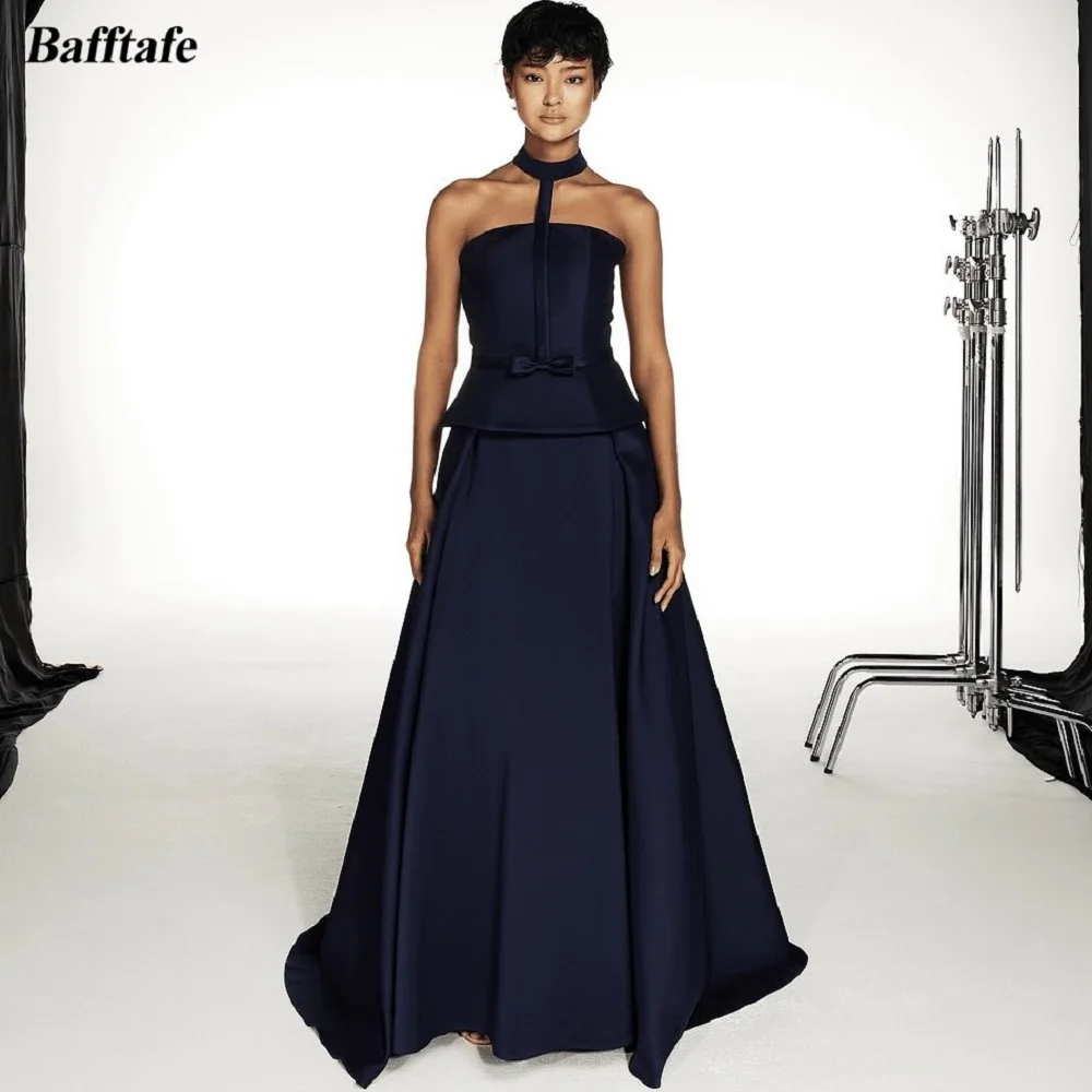 

Bafftafe Navy Blue Satin Customized Prom Dresses Halter Bow Evening Gowns Women's Simple Occasion Wedding Party Bridesmaid Dress