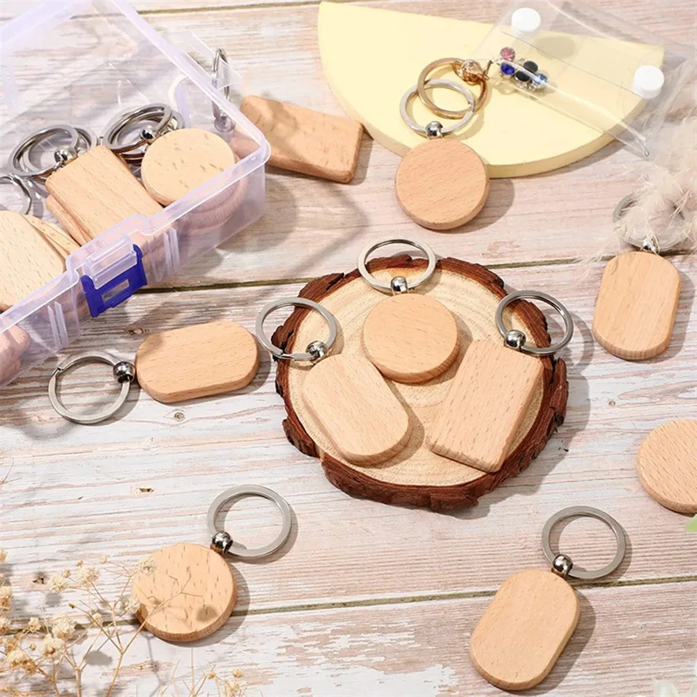 Fashion DIY Beech Wood Keychians Creative Geometric Round Shape Hanging Decor Car Key Accessories for Women Men Family Gifts