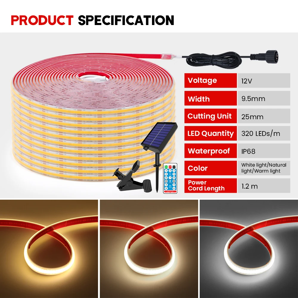 IP68 Taśma wodoodporne LED COB 12V Taśma dioda LED zasilana energią słoneczną ze zdalną elastyczną taśmą kolbową do krytego basenu na świeżym