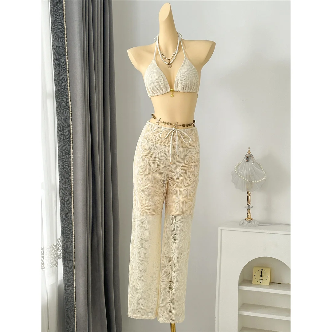 Mit Hosen, Blättern und Halterneck-Bikini, Damen-Badeanzug, dreiteiliges Bikini-Set, Badebekleidung, Badeanzug, Schwimmanzug V8164 – Detail 14
