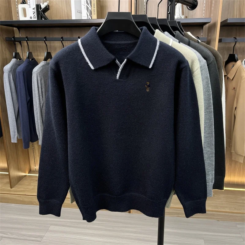 Luxusmarke Herren-Poloshirt mit Stickerei-Print, Herbst Neuheit, Langarm, Kragen, Einfarbig, Strick-T-Shirt, Modische Business-Herrenbekleidung – Detail 9