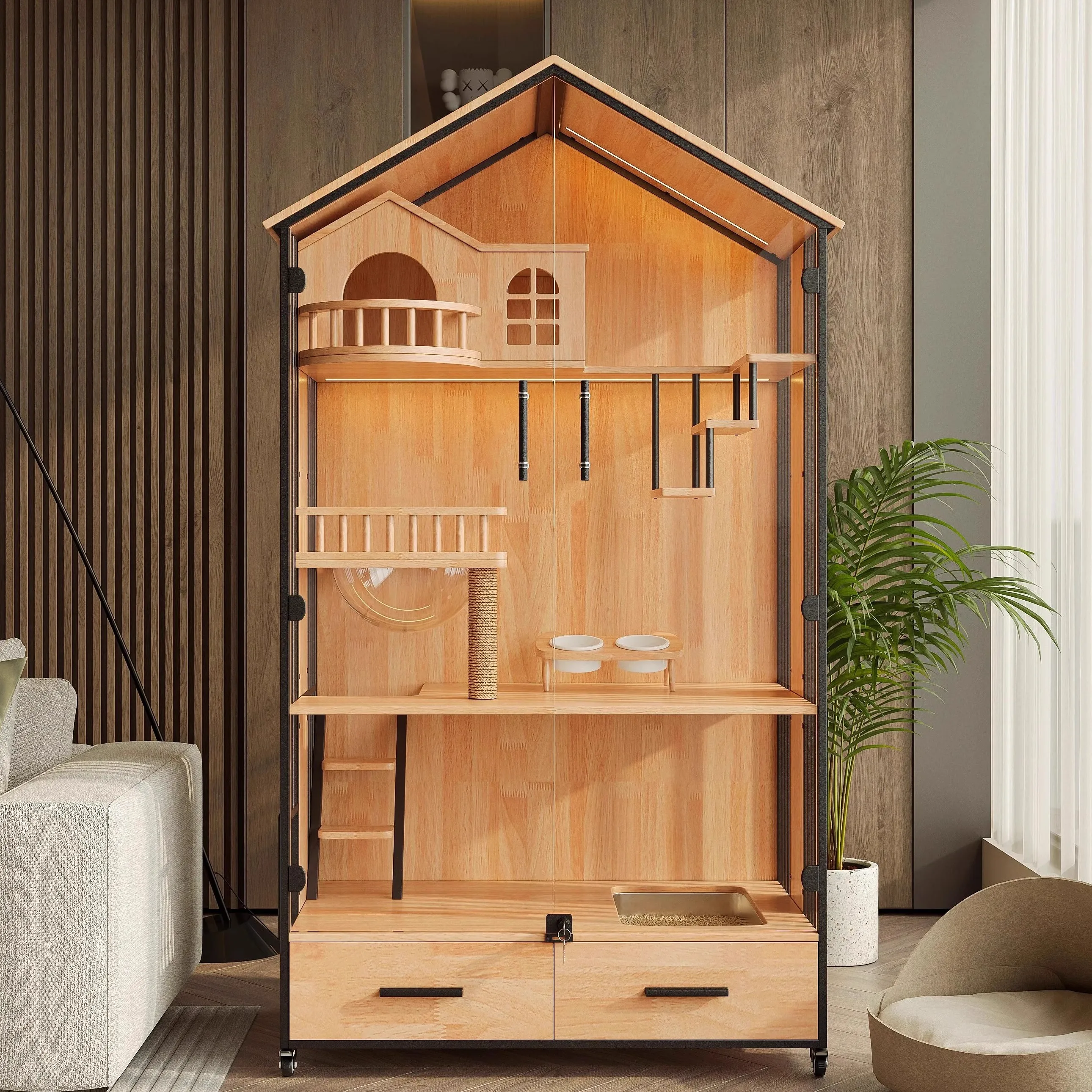 Cat villa solid wood cage luxury home indoor cat nest with toilet integrated does not occupy an area