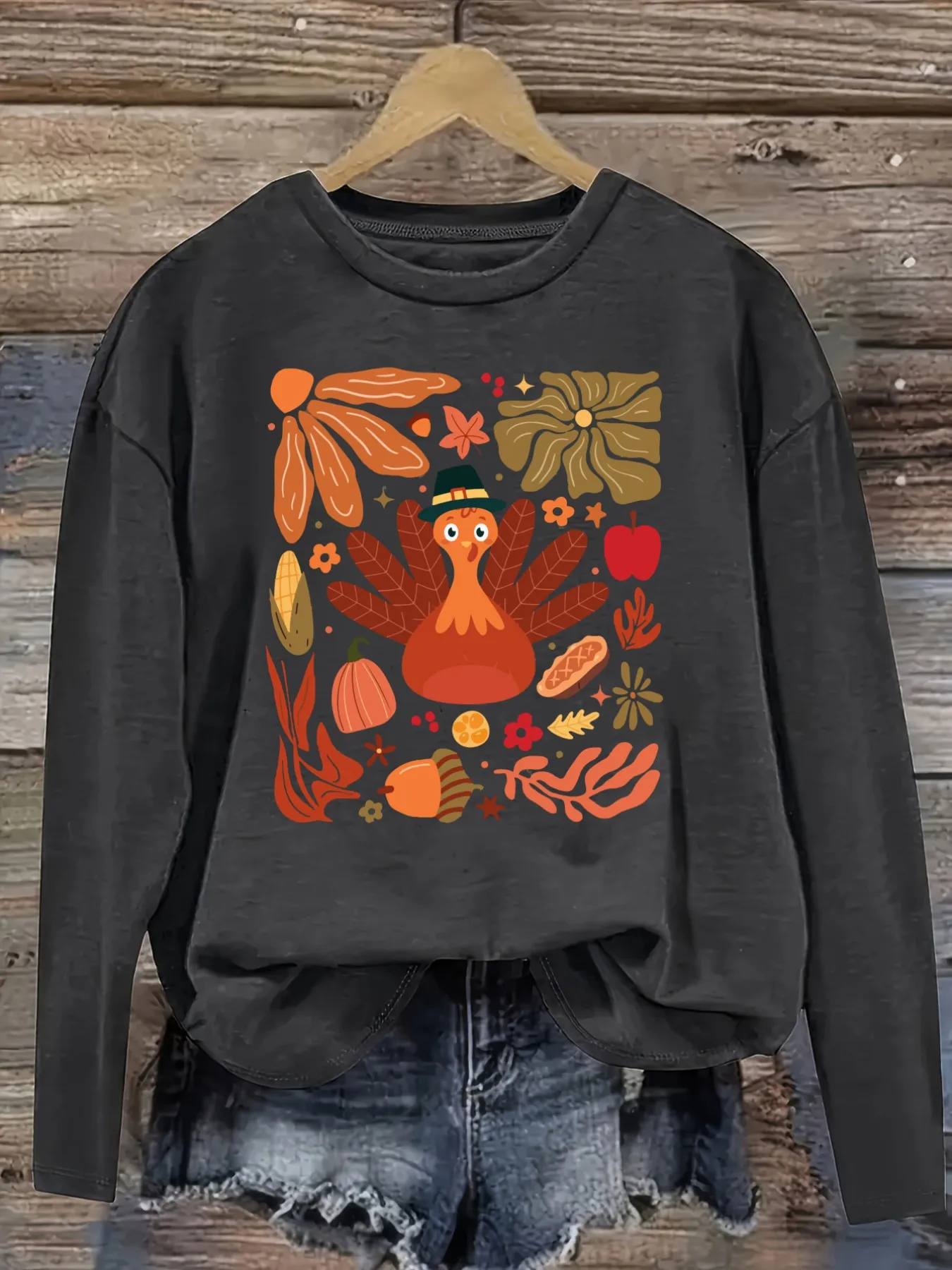 Women's Casual Long Sleeve Crew Neck T-Shirt Thanksgiving Turkey Autumn Harvest Print Design, Round Neck Women's Clothing, Machine Washable, Slightly Elastic, Loose Fit, Spring Autumn Winter Women's T-Shirt, Halloween Costume Outfit