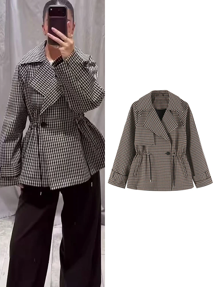 TFMLN Damen-Trenchcoat im Karomuster, Jacke mit Kordelzug zur Taillenbetonung, Umlegekragen, lockerer Schnitt, lange Ärmel, Knopfleiste, modische Oberbekleidung.