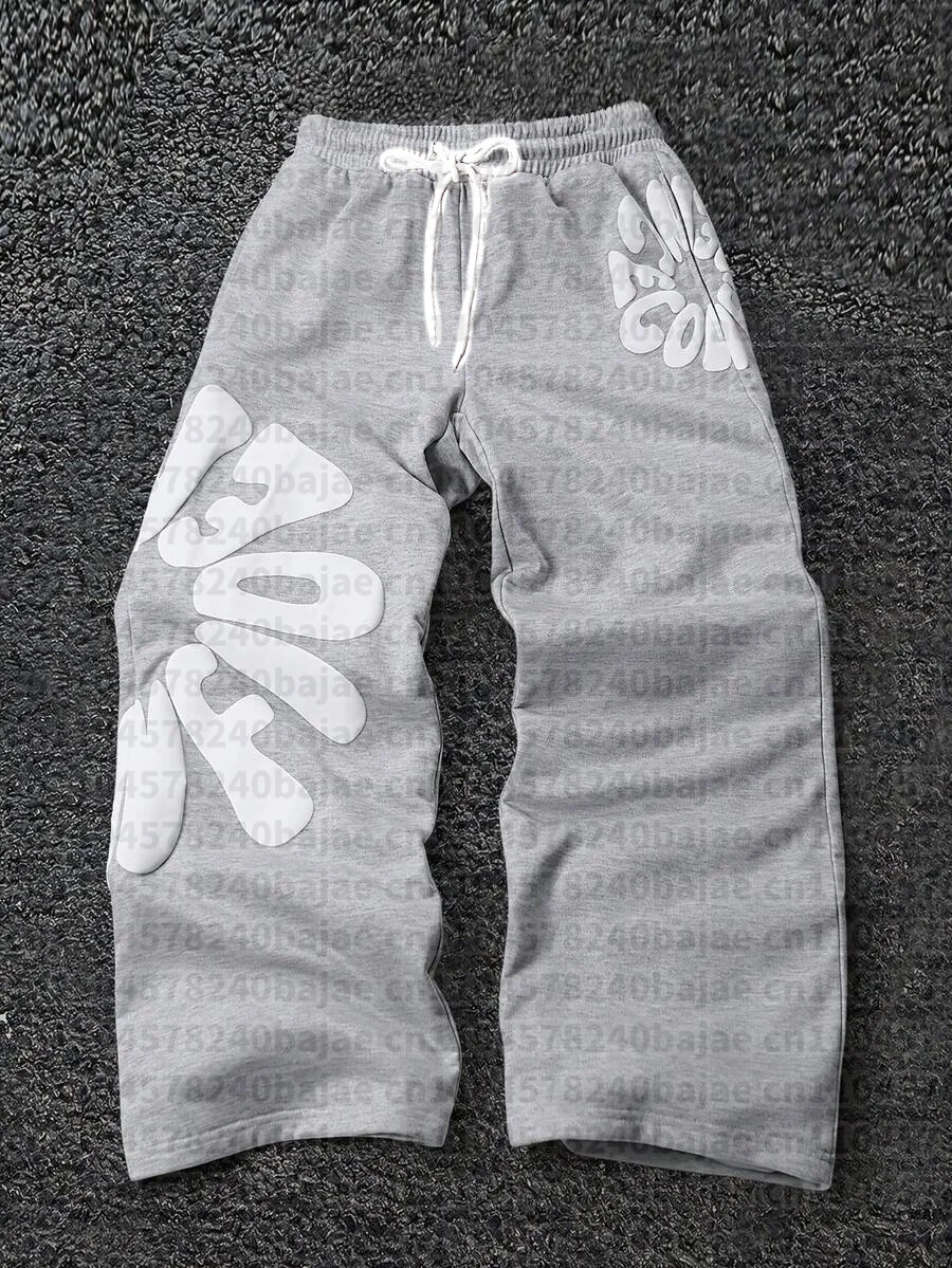 2026 Herren & Kinder Weiche Loose-Fit-Hose Grau-Weiß mit Bubble-Buchstaben-Print, Kordelzugbund, Atmungsaktive Freizeit-Streetwear-Hose – Detail 4