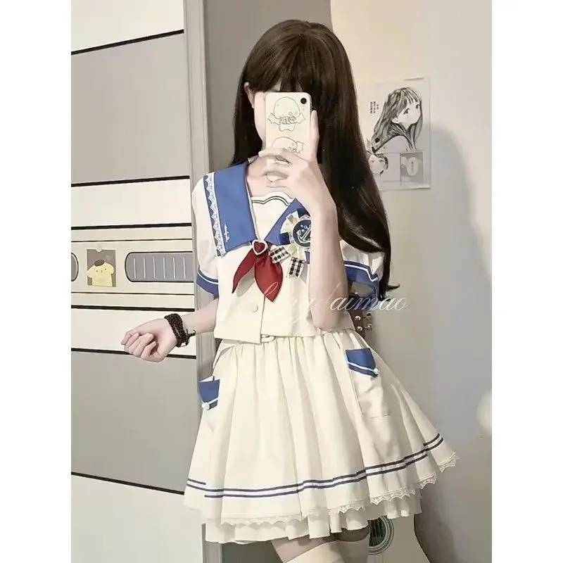 JK Uniforme Plus Size S-8xl Ragazze Uniforme da marinaio Camicia Patchwork Gonna arricciata Set da due pezzi Le donne possono essere all'ingrosso