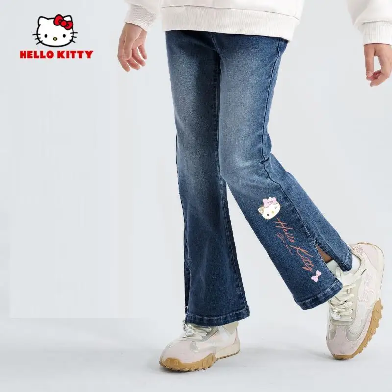 

Брюки Sanrio Hello Kitty для девочек, осенне-весенние брюки-клеш, детские джинсы Kawaii, модная универсальная повседневная одежда в стиле аниме, новый стиль
