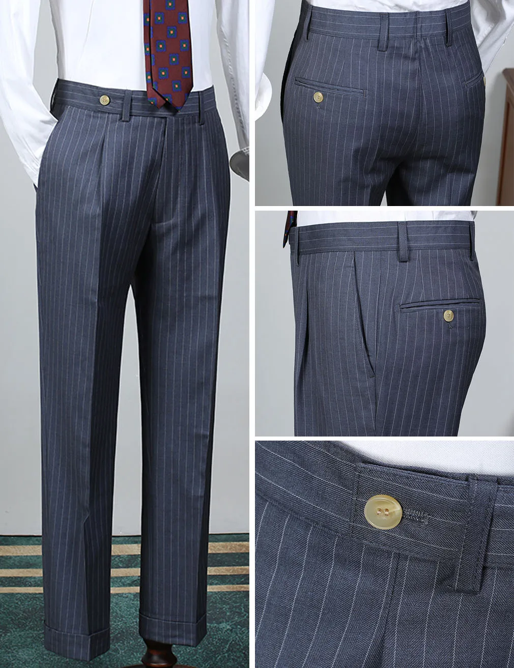 Classic Navy Striped Men's Suit 2 Piece Set  Slim Fit Double Breasted Formal Jacket With Micro Elasticity Business Casual Pants