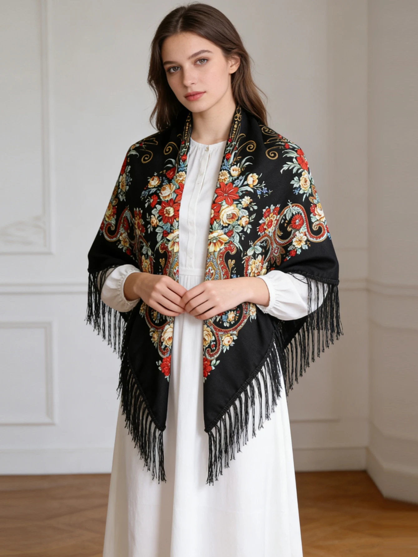 130cm Russischer Quadratischer Schal für Frauen Warmer Quastenschal mit Blumenmuster Handtuch Wickeltuch Babuschka Bandana Strand- und Reisedecke