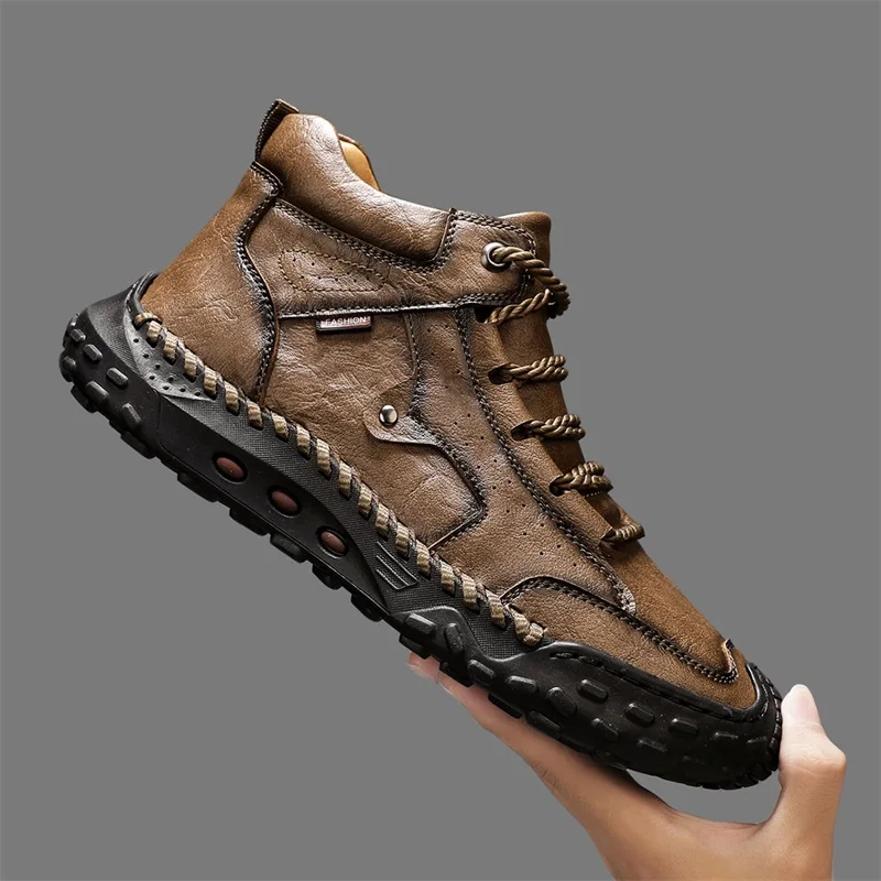 

High top boots for men, British style workwear motorcycle boots, summer black side zipper, mid rise soft leather boots for men