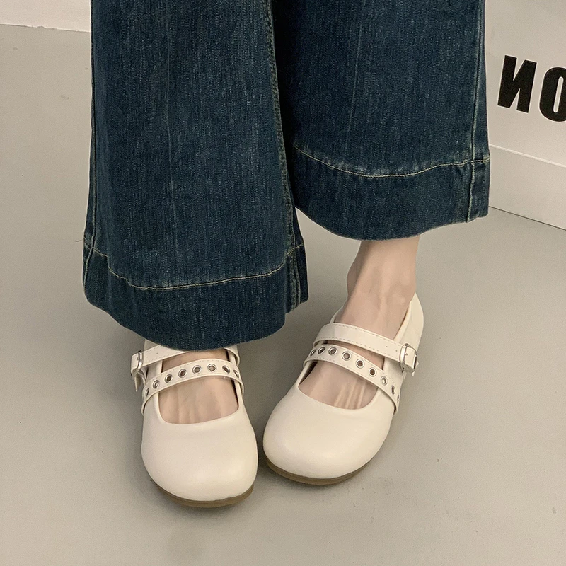 Women Round Toe Double Strap Stylish Eyelet Buckle Mary Jane Low Block Heels Pumps Non Slip Comfortable Casual Shoes for Ladies