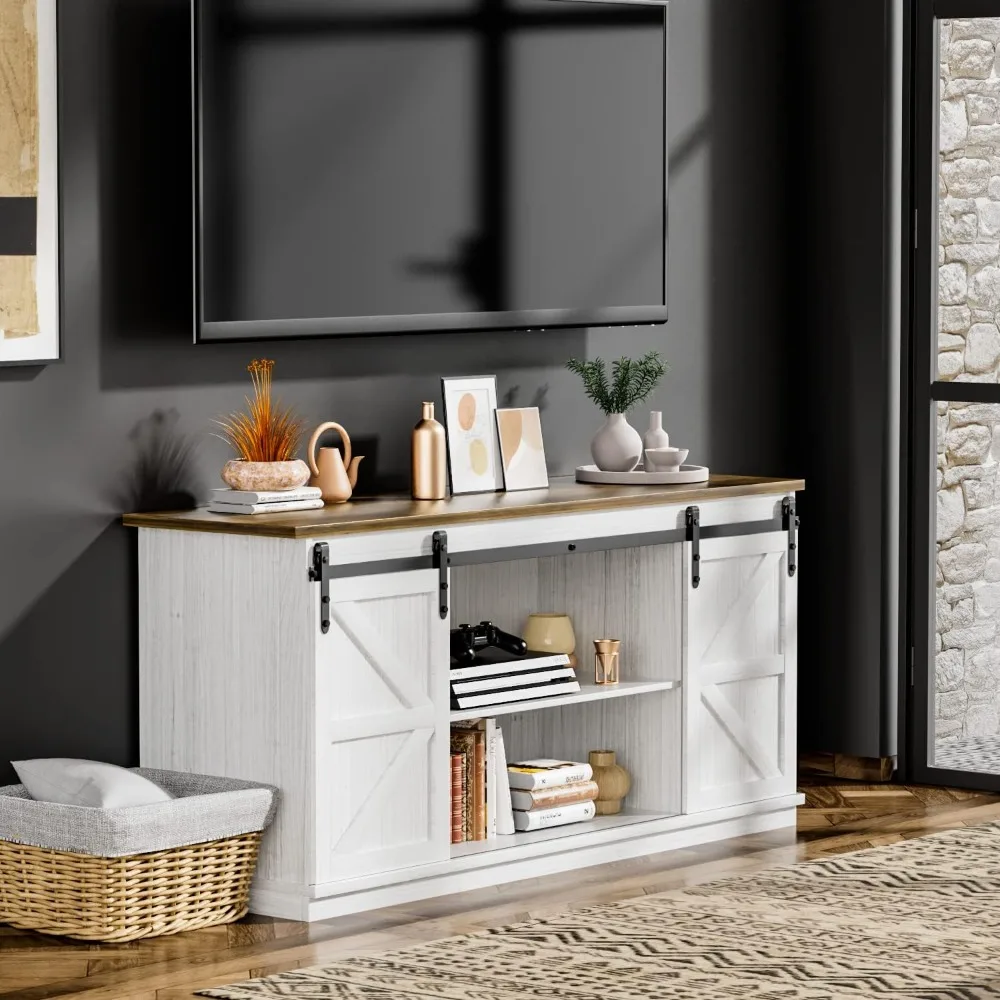 

Farmhouse TV Stand for 65 Inch TV, Modern Television Stands Mid Century Media Entertainment Center with Sliding Barn Doors and
