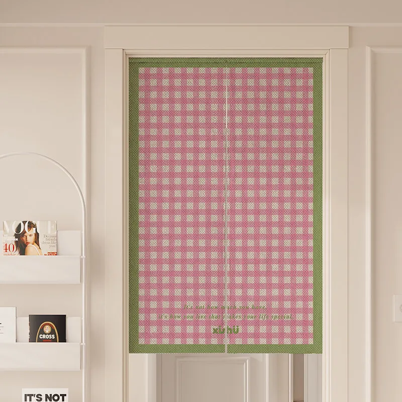 Cream Yellow Gingham Vintage Letter Noren Curtain Velcro Punch Free Entryway Low Saturation Simple Fabric Partition Curtain