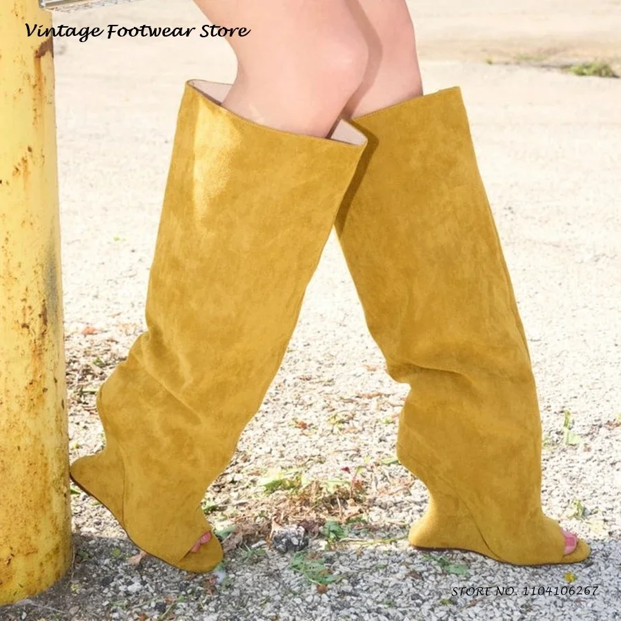 Strange Style High Heel Summer Boots Solid Peep Toe Wedges Knee-High Boots Spring Concise Fashion Design Slip-on Plus SIze Boots