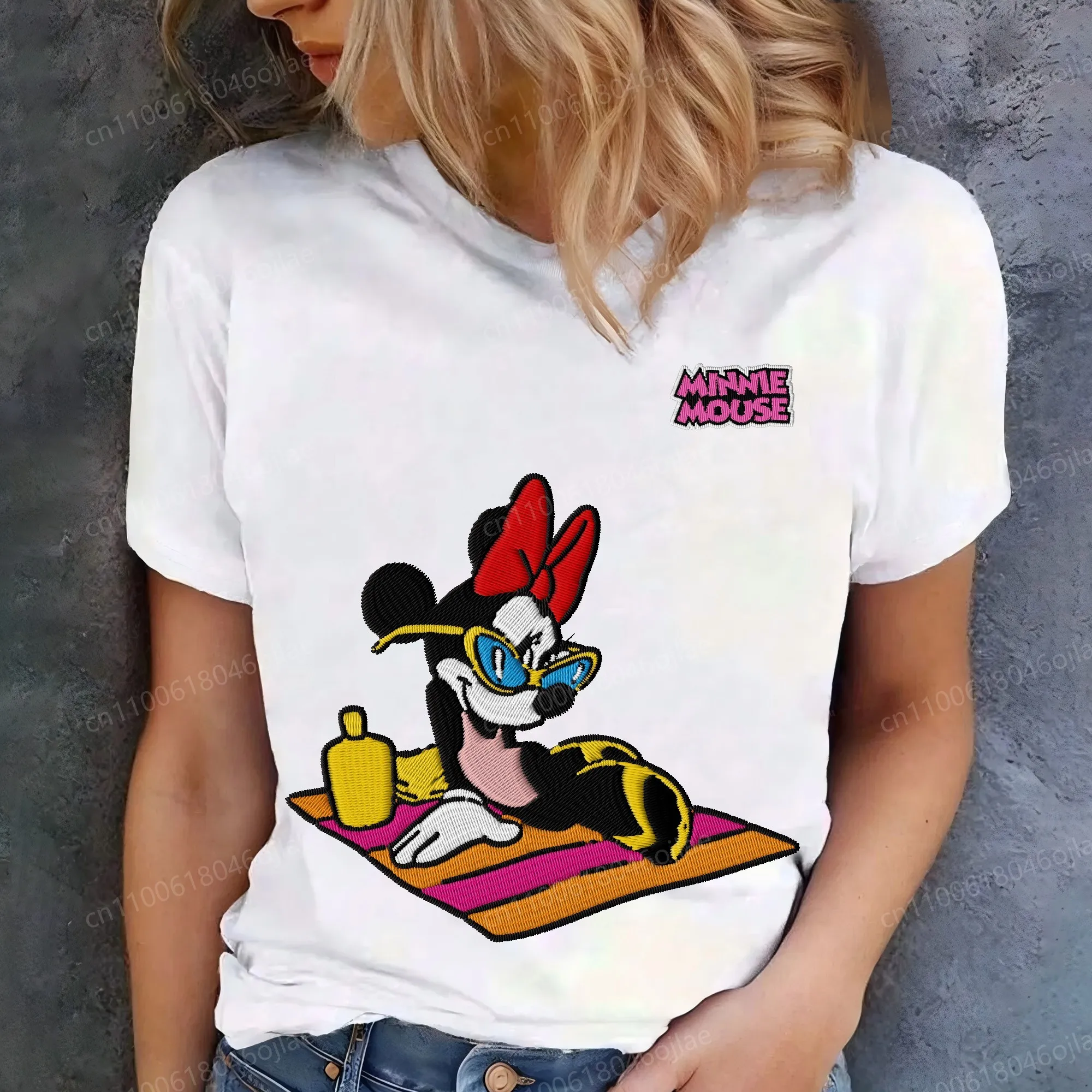 

Embroidery 3D Printing Minnie Mouse Combed Cotton Female Clothing T-shirt Tops Woman 2025 Disney Summer Short Sleeve Texture Top