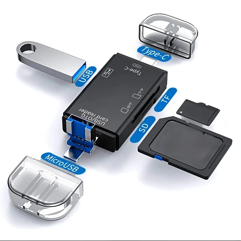 6-in-1 Type-C USB Card Reader, Flip Cover to Micro Adapter for Smartphones and Computers, USB2.0 OTG Card, with A and C Types