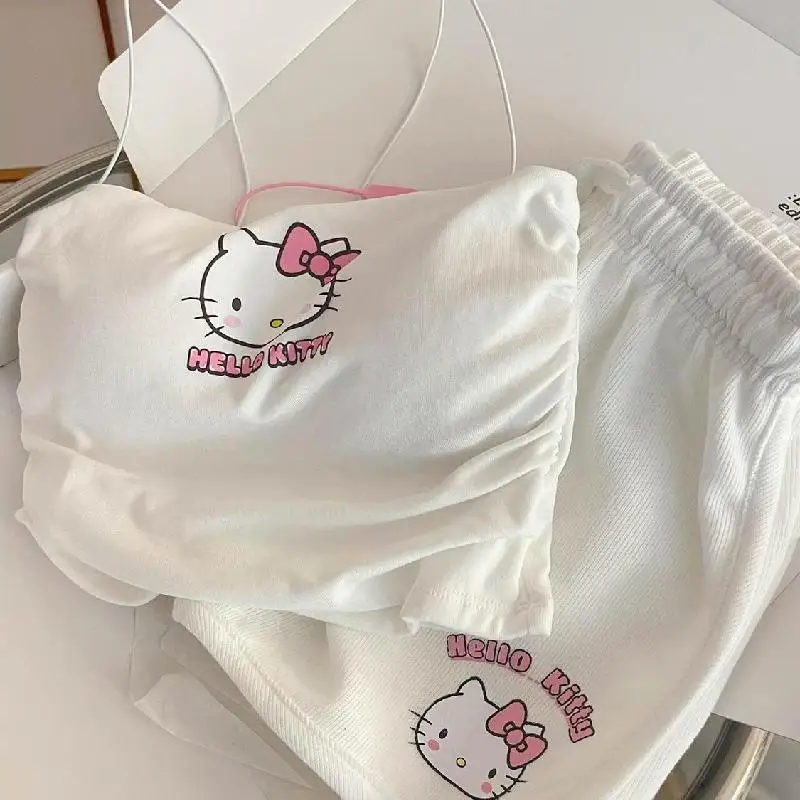

Hot Sanrio Hello Kitty Cute Kawaii Cartoon Suspenders Set Women Summer Girls Students Sweet Drawstring Shorts Homewear Outside