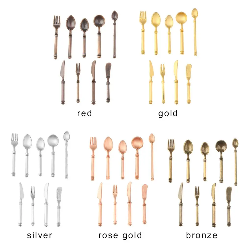 ชุดเครื่องครัวโลหะ 9 ชิ้น ขนาด 1:6/1:12 ประกอบด้วยส้อม มีด ช้อน ของเล่นจำลองขนาดเล็ก อุปกรณ์เสริมเครื่องครัวจิ๋ว