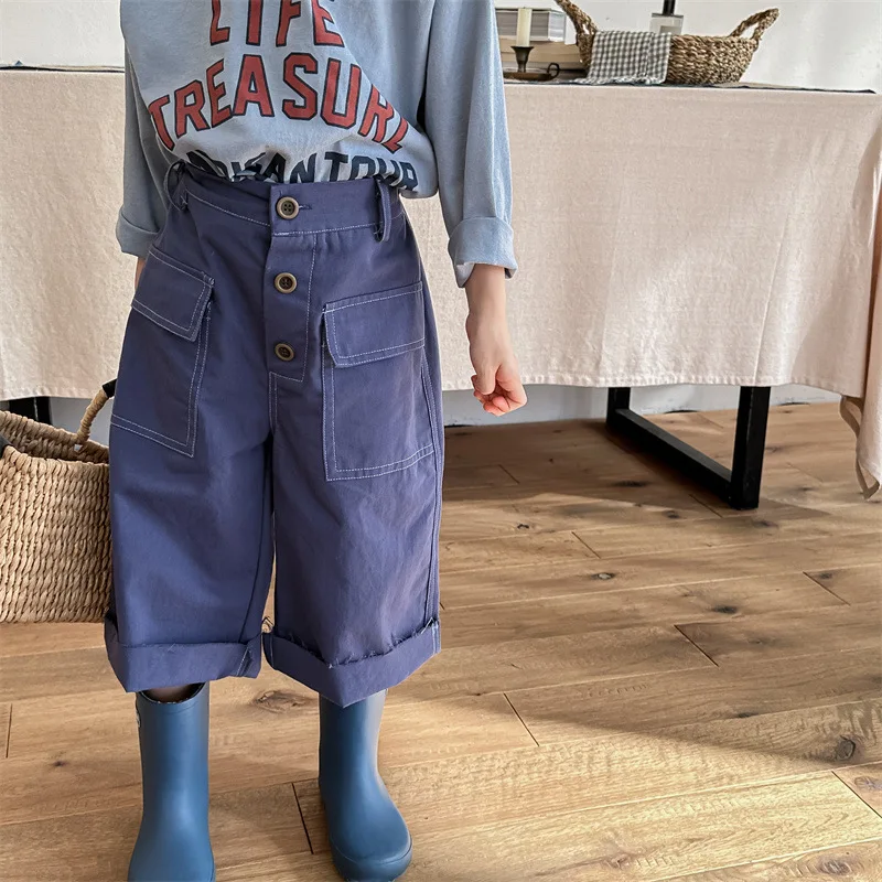 2024 Spring Children's Casual Pants for Boys and Girls Large Pocket Water Washed Cotton  Pants  Kids Western Style Middle Pants